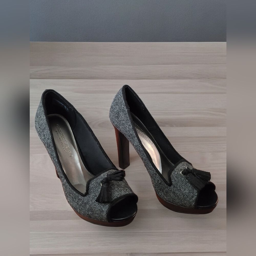 Gray Peep-Toe Heels with Tassel Detail